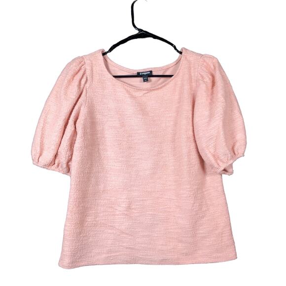 Express Womens Blouse Pink Short Puff Sleeve Casual Workwear Stretch Medium - Picture 1 of 12